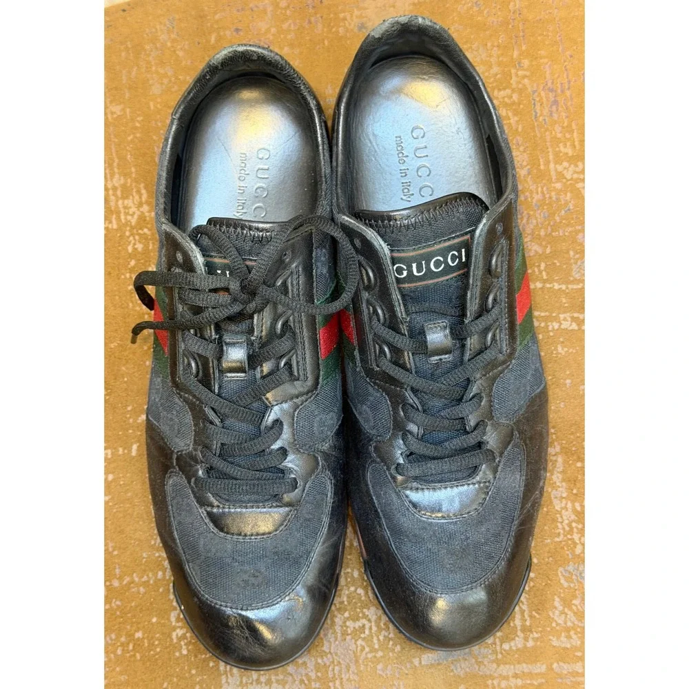 Gucci Mens 231715 GG Supreme Web Stripe Black Leather Low Top Sneakers 9.5 G